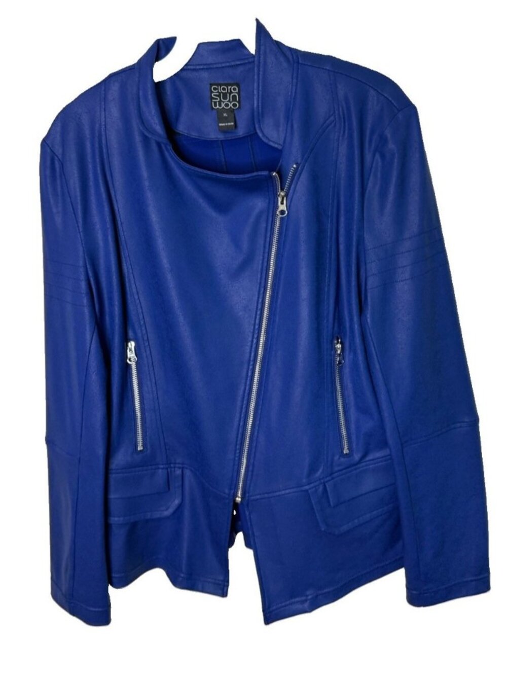 Clara Sun Woo Jacket Asymmetrical Zip Pockets Moto Blue